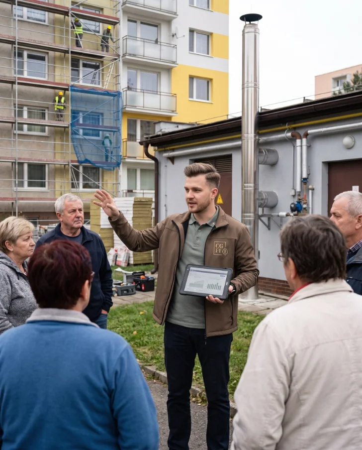 Energetický manažer CGFI s tabletem u zateplovaného panelového domu a kotelny