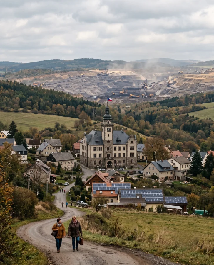 Obec v českém pohraničí s radnicí a fotovoltaikou, v pozadí povrchový důl
